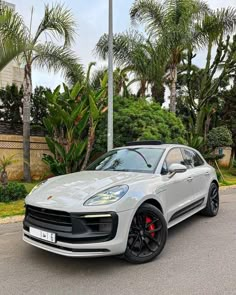 a silver porsche macan parked on the street in front of some trees and bushes