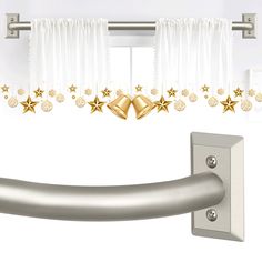 a curtain with gold bells hanging from it's side and stars on the window sill