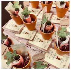 there are many small potted plants on the table with cards and tags in them