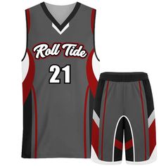 a basketball jersey and shorts with the number 21 on it, both in grey and red