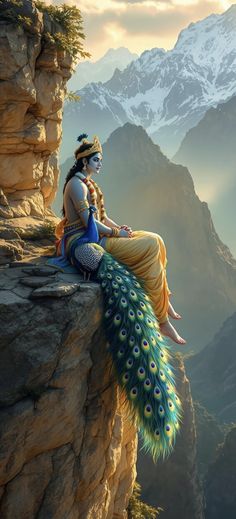 a painting of a woman sitting on top of a cliff with a peacock tail in her lap