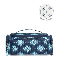 the cosmetic bag is blue and white with an image of a pattern in the background