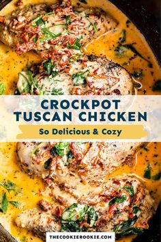 crockpot tuscann chicken in a skillet with spinach and cheese