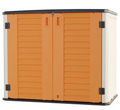 an orange and white storage cabinet with two doors on the front, and one door open