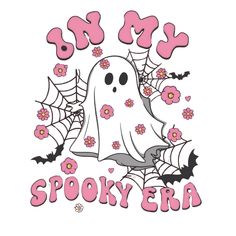 a white ghost with pink flowers and the words spooky era