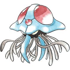 an image of a blue and red jellyfish with its eyes closed on it's head