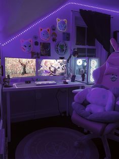 a room with purple lighting and stuffed animals on the desk