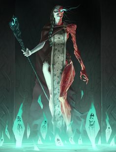 a woman with an evil face holding a staff