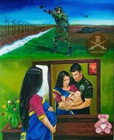 a painting of a soldier holding a baby in front of a woman and man looking at him