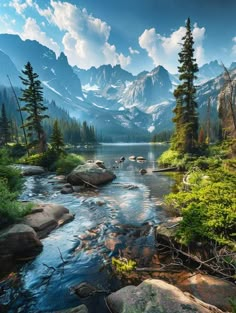 a mountain lake surrounded by trees and rocks