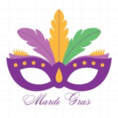 a mardi gras mask with feathers on it and the words mardi gras