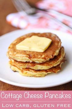 cottage cheese pancakes on a white plate with text overlay that reads cottage cheese pancakes low carb, gluten free