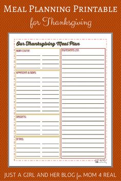 a printable thanksgiving meal plan with an orange border and red trim on the bottom