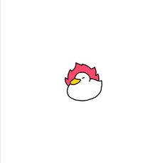 a red and white chicken with a yellow beak sitting on top of it's head