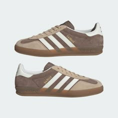 adidas Gazelle Indoor Shoes - Brown | Free Shipping with adiClub | adidas US Gazelle Adidas Women, Brown Gazelle Adidas, Adidas Brown Shoes, Adidas Gazelle Brown, Brown Adidas Shoes, Style Adidas Gazelle, Tan Shoes Outfit, Brown Gazelle, Tan Pants Outfit