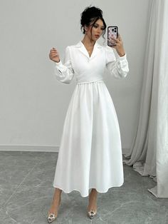 Blanco Elegante Collar manga larga Tela Liso A línea Embellished No-Elástico White Dress Classy Elegant Long, White Dress Classy Elegant, Dress White Elegant, White Dress Classy, Gentleman Outfit, Fall Wedding Guest Dress, Solid Color Dress, Color Dress, Dress For Short Women