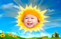 a child's face with the sun shining above it