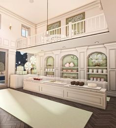 the interior of a bakery with white walls and wooden flooring is decorated in an elegant manner