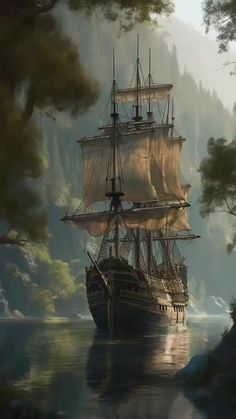 a painting of a sailing ship in the water with trees and mountains behind it,