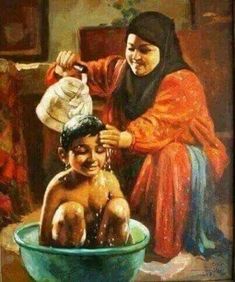 an oil painting of two women washing their children in a blue bowl with water running from the faucet