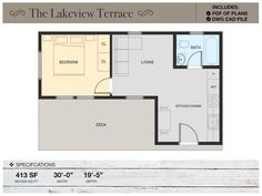 the lakeview terrace floor plan with one bedroom, two bathrooms and an attached garage