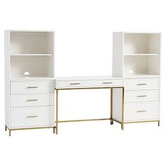 two white desks with gold trimming and open shelving units on each side