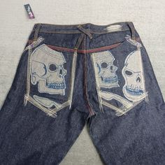 Artful Dodger Jeans Mens 32 Blue Raw Denim Skull Embroidered Baggy Wide Leg Y2k Excellent Condition Please Review All Photos For Details And Measurements. Waist 16" Inseam 34" Length 44" Foot Opening 10" Undercover Jeans, Bape Jeans, Jean Pocket Designs, Upcycle Clothing, Patched Denim Jeans, Cool Jeans, Artful Dodger, Dodger Blue, Jean Pockets