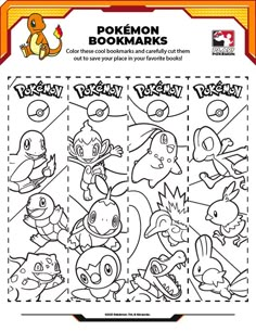 the pokemon coloring book is shown with different characters and their name on it's page