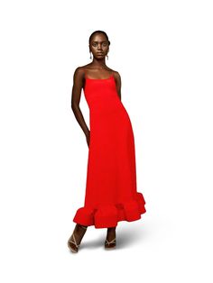 Make a bold statement with Oríré's strappy midi-length dress, crafted from heavyweight crepe in a striking deep orange hue. The ruffled, structured bottom adds a dramatic flair and enhances the dress’s sophisticated silhouette. Style it with sleek pumps and gold accessories for an elegant evening look that stands out. - Single straps, ruffled bottom, midi length - Crepe - Created using sustainable and ethical practices, using artisanal techniques - Each piece is made to order by artisans and can African Luxury, Constellation Earrings, Red Carpet Ready, Deep Orange, Gold Accessories, Mini Shirt Dress, Midi Length Dress, Slim Pants, Wide Sleeves