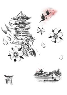 Small Japan Tattoo, Pagoda Tattoo Design, Japanese Temple Drawing, Small Japanese Tattoo, Butterfly Tattoos On Arm, Tattoo Wallpaper