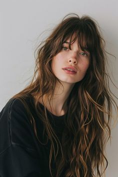 Hairstyle Bangs Long, Wavy Bangs Long Hair, Long Hair Long Bangs, 90s Long Layered Hair, Long Wavy Hair With Bangs, Long Hair And Bangs, Long Layered Hair With Bangs, Shaggy Long Hair, Layered Hair With Bangs