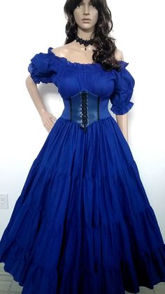 "Dr Who Tardis Inspired Dress, Complete Outfit 4 Pieces Comes with; Skirt, 10 yard wide, Hand Dyed, Royal Blue 100% Cotton Peasant Top, Hand Dyed, Royal Blue, 100% Cotton Corset, Royal Blue, Vegan Leather, Choker, Black Crochet, Royal Blue Velvet Ribbon & stone Measurements: Blouse Up to 46\" Bust Skirt Drawstring & no roll 2 \"Elastic waistband Up to 40\" Corset Waist up to 29\"/30\" Easy On Off velcro, No need To Lace" Blue Gothic Fitted Costume, Chain Skirt, Cotton Corset, Corset Blouse, Victorian Costume, Medieval Costume, High Low Skirt, Layered Skirt, Complete Outfits