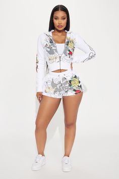 White Fitted Trendy Hoodie, Fitted White Hoodie For Spring, Ed Hardy Outfit, Ed Hardy Tiger, Tiger Roar, Cotton Shorts Women, Lilly Pulitzer Outfits, Y2k Summer Outfits, Luxe Clothing