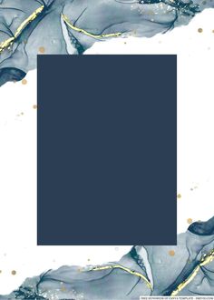 an abstract painting with blue and gold paint on white paper, in the shape of a rectangle