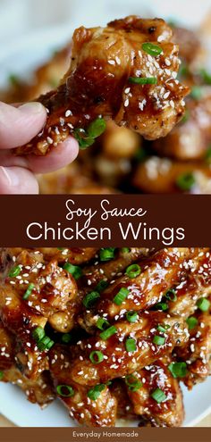 chicken wings with sesame seeds and seasoning on top are being held up to the camera