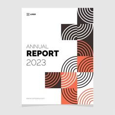 the annual report is shown in orange and black, with an abstract design on it