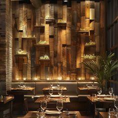 an empty restaurant with wooden walls and tables