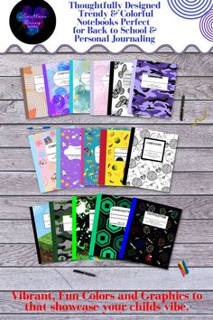 Vibrant Colored Composition Notebooks, Boho, Purple, pink and blue watercolor, teal watercolors, baby pink watercolors, color me in butterfly cover, purple camo, kawaii cat, unicorn dabbing, 90's retro vibes, tacos and guac, color me in cats and yarn cover, mine craft, green camo, fantasy football, roblox and among us spacey Aesthetic Covers, Fun Aesthetic, Teen Love, Kids Create, Water Colors, Boho Designs, Green Camo, College Students, For Girls