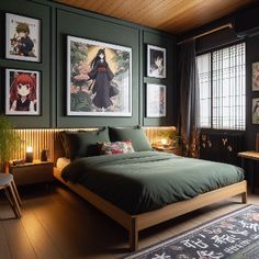 a bedroom with dark green walls and pictures on the wall above the bed, along with an area rug