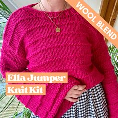 a woman wearing a pink sweater and plaid skirt with the words ella jumper knit kit