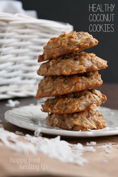 a stack of cookies sitting on top of a white plate