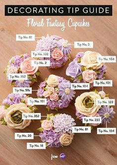 a bunch of cupcakes that have flowers on top of them with the words decor tip guide