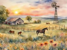 a painting of horses grazing in a field with windmill and sun setting behind the barn