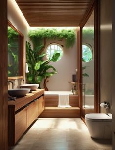 a bathroom with a toilet, sink and bathtub next to a plant on the wall