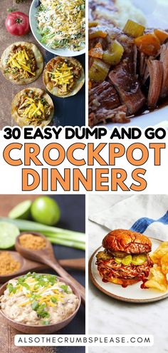 the top 20 easy dump and go crockpot dinneres are shown in this collage