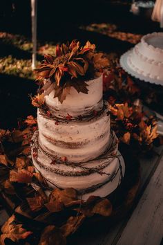 a white wedding cake with leaves on it