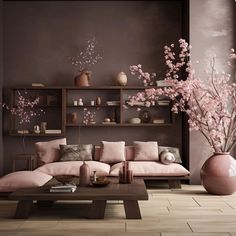 a living room filled with lots of furniture and pink flowers in vases on the wall