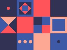 an abstract background with squares, dots and rectangles in shades of blue, pink, orange and red