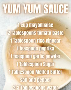 yum sauce recipe in a bowl with spoons on the side and instructions for how to make it