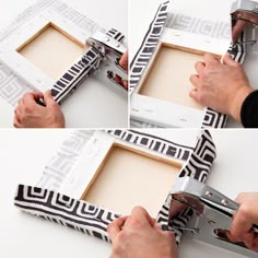 four pictures showing how to make a diy photo frame with scissors and tape on the edges